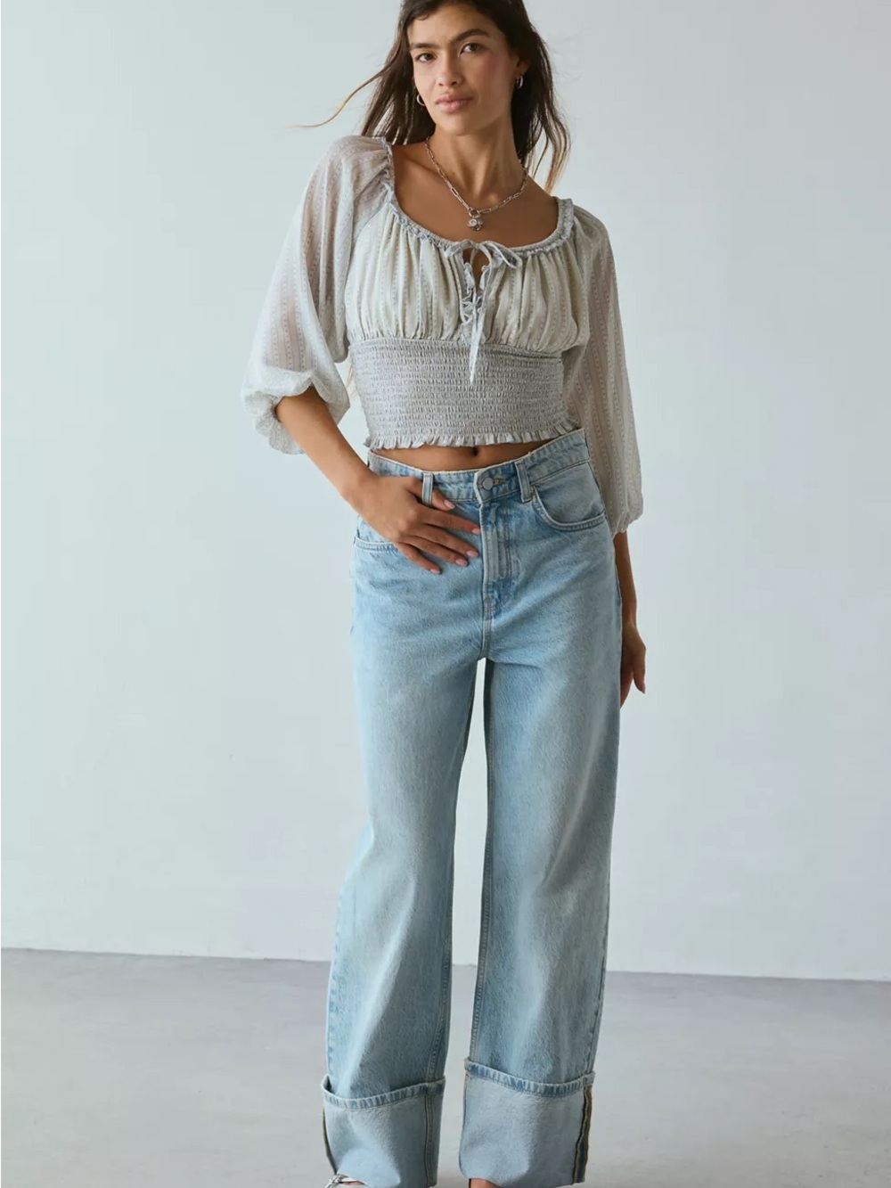 Delicate Ivory Smocked Crop Top with Tie-Front